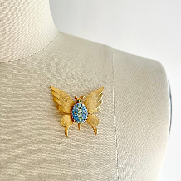 Vintage Gold Tone Butterfly Brooch with Floral Porcelain & Green Rhinestone Eyes - Picture 8 of 8